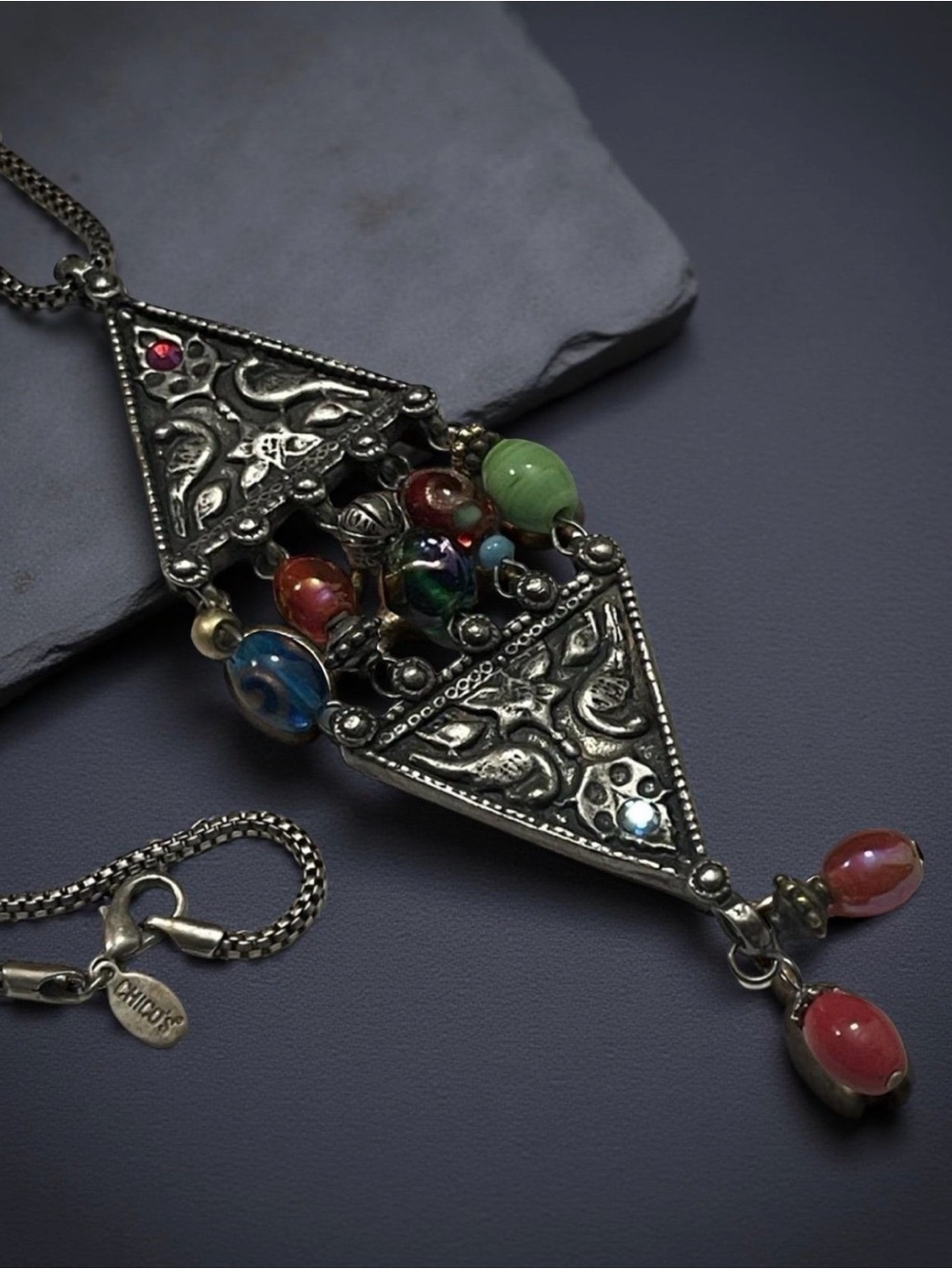 Chicos Rhinestone Accent Modernist Boho Pendant Long Necklace VTG Signed